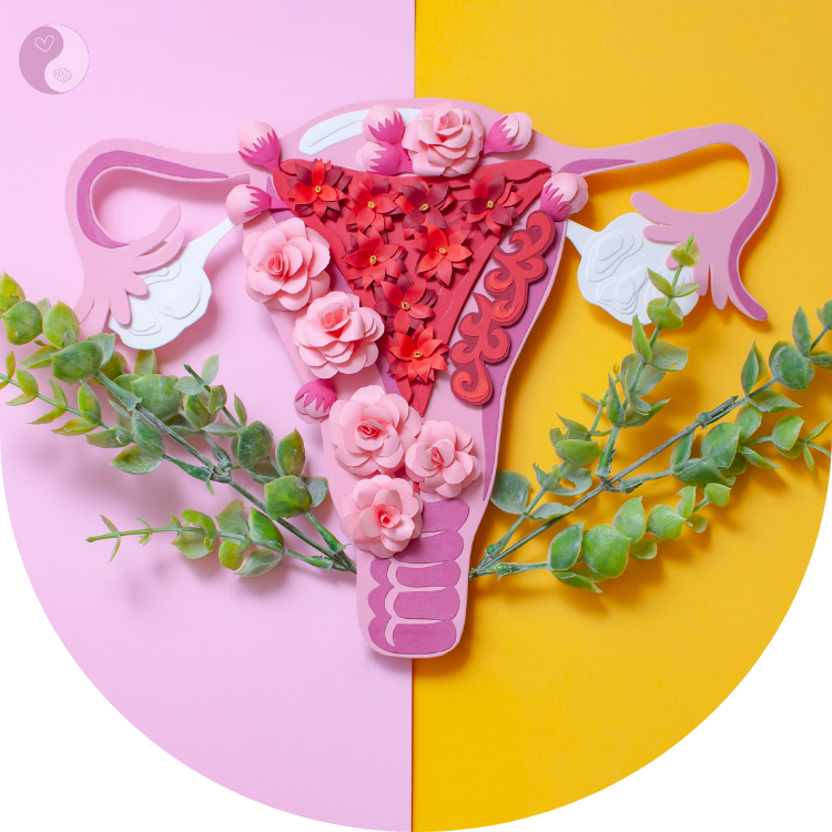 Grafik einer Gebärmutter mit Blumen – Symbol für Weiblichkeit und Fruchtbarkeit.